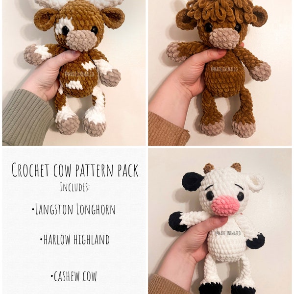 Crochet Cows Trio pattern- Longhorn cow, cow, and highland cow