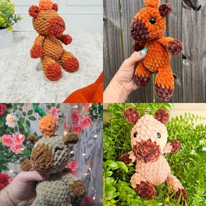 May include: A collection of four plush crochet toys featuring a capybara-like animal with a small pumpkin on its head. The toys are made from soft, textured yarn in various shades of orange, brown, and beige, with dark eyes and stitched noses.