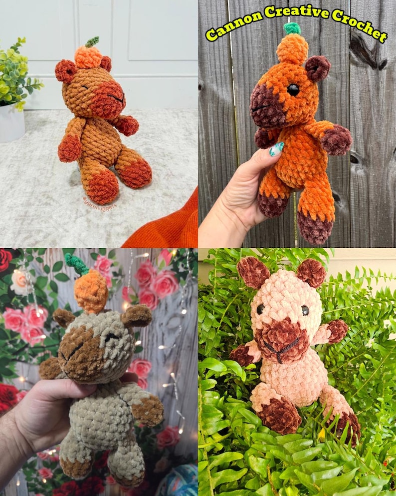May include: A collection of four plush crochet toys featuring a capybara-like animal with a small pumpkin on its head. The toys are made from soft, textured yarn in various shades of orange, brown, and beige, with dark eyes and stitched noses.