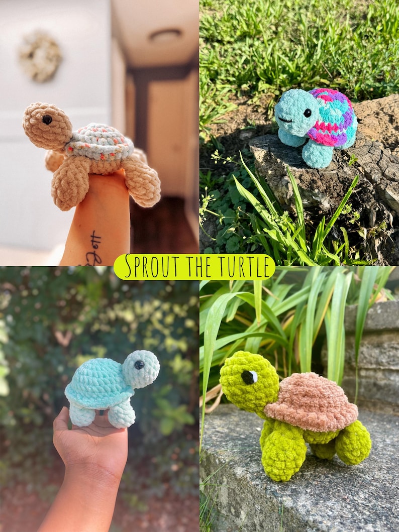 May include: A collection of four crocheted turtle toys in various colors. One turtle is tan with a blue and pink shell, another is light blue, and a third is green with a brown shell. The text "SPROUT THE TURTLE" is in a yellow rectangle.