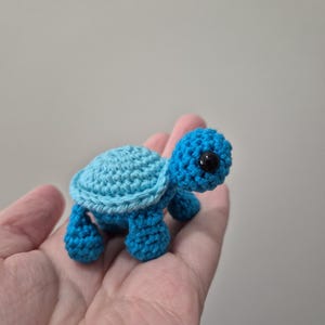 May include: A small, handmade crochet turtle in shades of blue. The turtle has a textured shell, small legs, and a head with black eyes. The craft item is a miniature representation of a turtle.