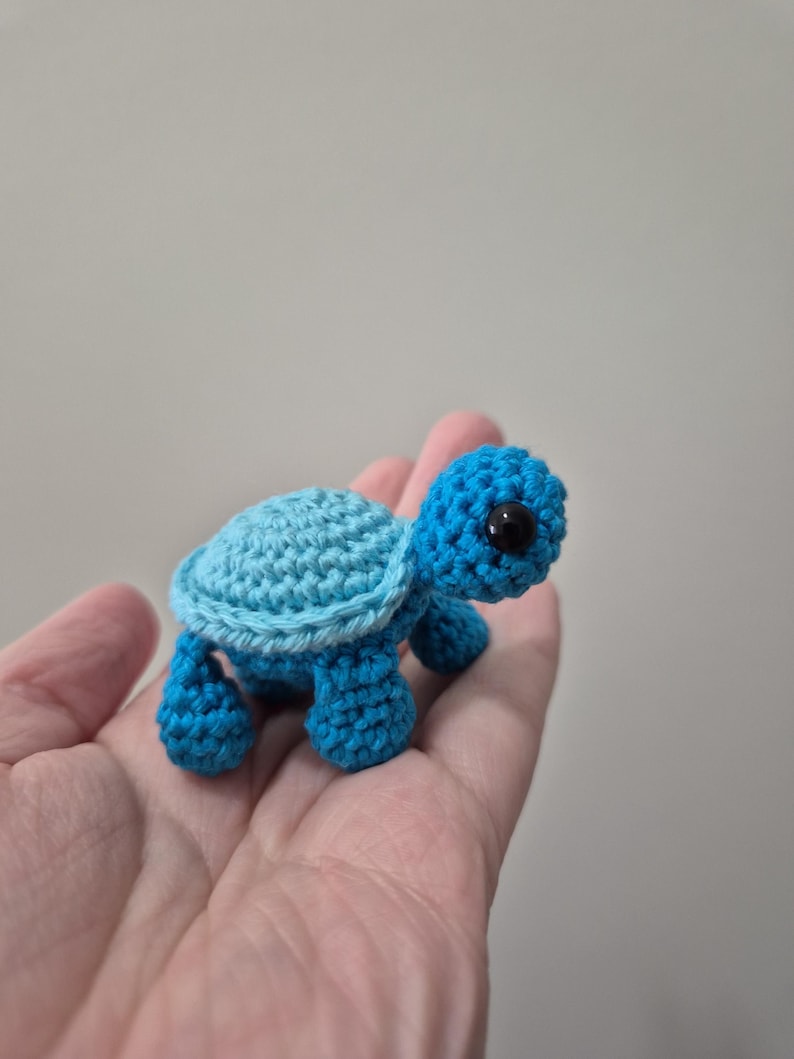 May include: A small, handmade crochet turtle in shades of blue. The turtle has a textured shell, small legs, and a head with black eyes. The craft item is a miniature representation of a turtle.