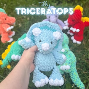 May include: A light blue crocheted triceratops plush toy with white accents on the horns, feet, and frill. The text "Tilly TRICERATOPS" is displayed above the toy. Other colorful crocheted dinosaur plush toys are visible in the background.
