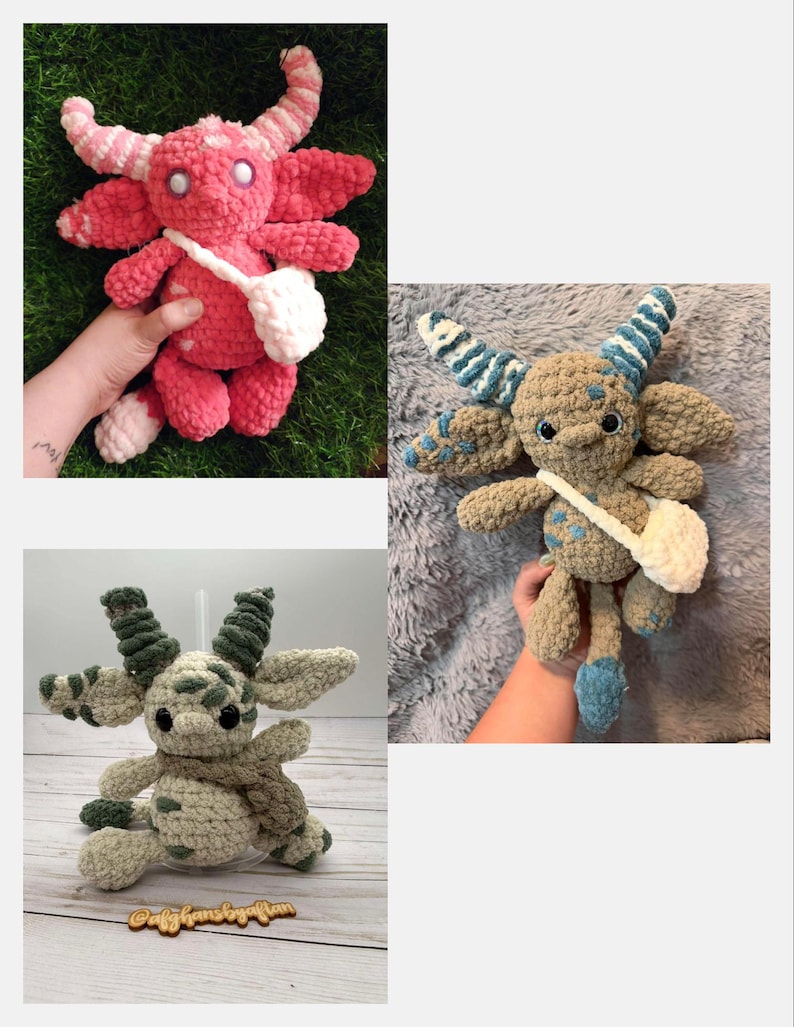 Peut inclure: Trois poup&eacute;es monstres faites &agrave; la main au crochet, dans les tons de rose, de marron et de vert. Chaque poup&eacute;e a des cornes, des ailes et un petit sac blanc. Les poup&eacute;es sont douces et moelleuses, avec des coutures d&eacute;taill&eacute;es et des motifs de couleurs uniques.