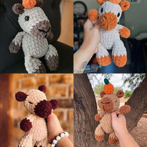 May include: A collection of four handmade crochet plush toys shaped like animals. Each plush features a soft, textured yarn body with a small orange pumpkin-like topper with a green stem on its head. The toys come in various colour combinations.