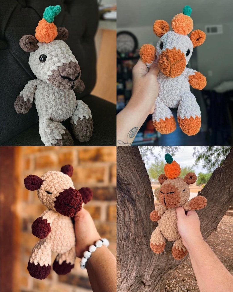 May include: A collection of four handmade crochet plush toys shaped like animals. Each plush features a soft, textured yarn body with a small orange pumpkin-like topper with a green stem on its head. The toys come in various colour combinations.