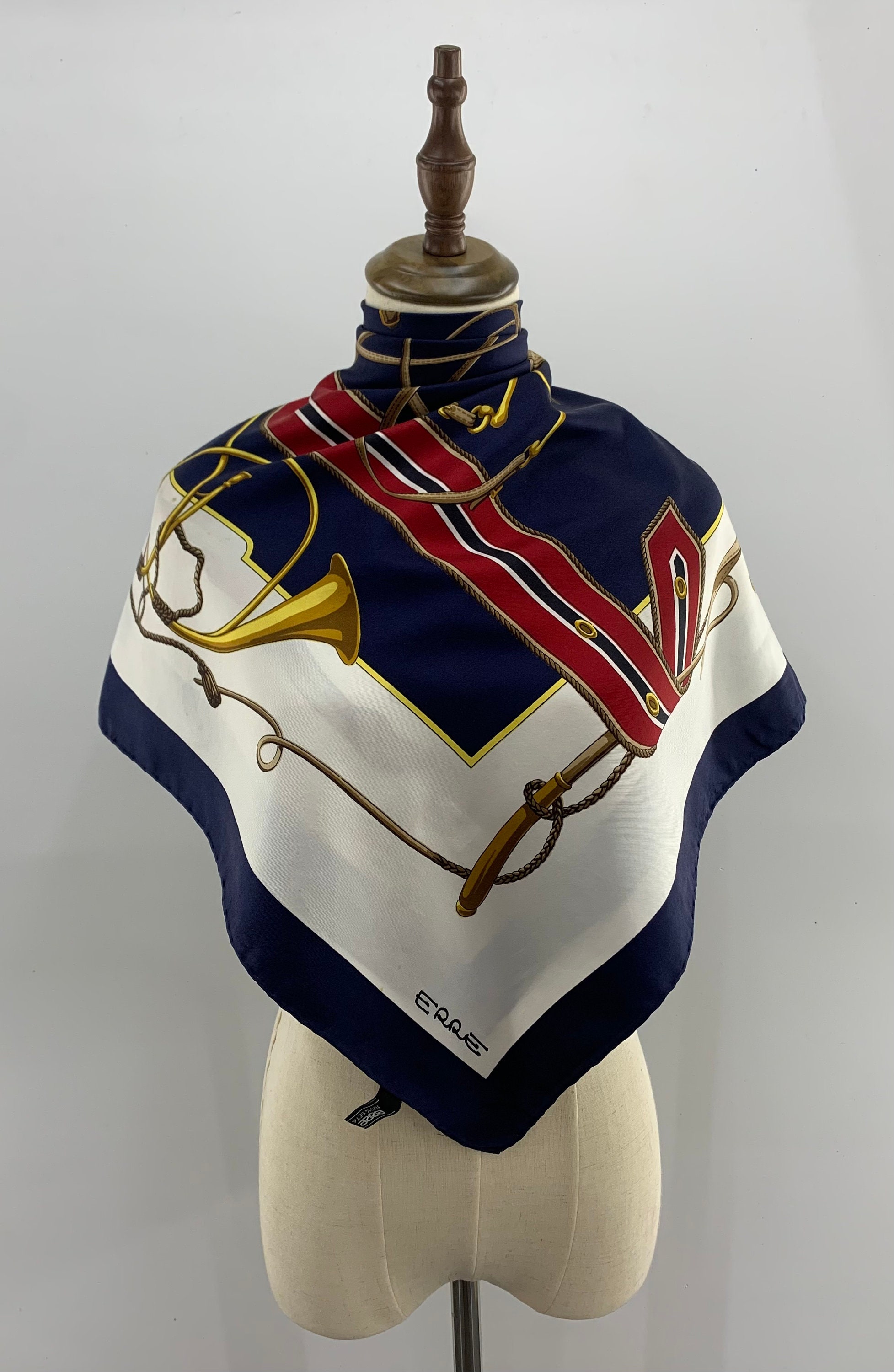 Foulard Vintage En Soie Erre – Motif Géométrique Et Oiseaux, Multicolore
