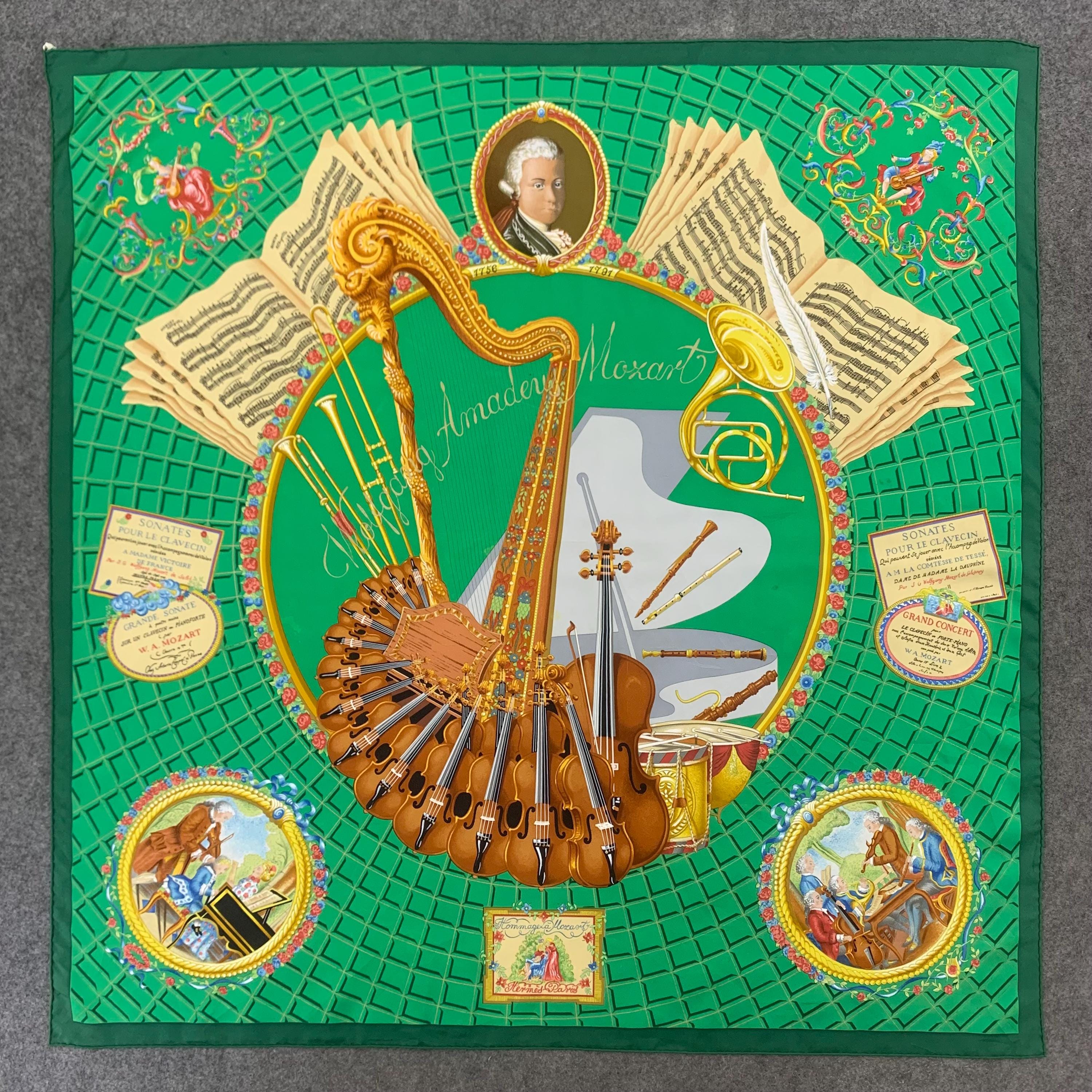 HERMES シルクハンカチ 楽器模様 Vintage Authentic Hermes Scarf Hommage a Mozart by Julia