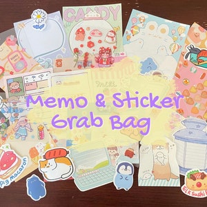 40+ Kawaii Memo & Sticker Mystery Grab Bag | Suprimentos para diário, kit para amigos por correspondência, decoração de planejador | Memorando, adesivo, cartão postal | Scrapbook | Bujo