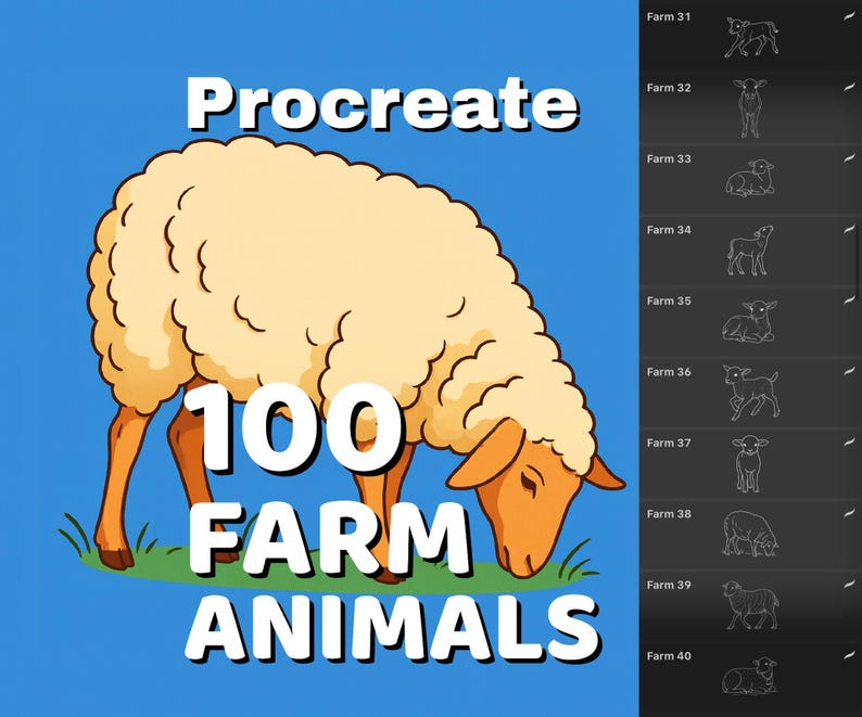Procreate 100 Farm animals stamps