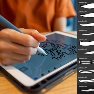 May include: A person uses a stylus to draw on a digital tablet. The tablet screen shows a handwritten message. A panel on the right side of the image shows a series of brush strokes labeled "Lettering 40" through "Lettering 49".