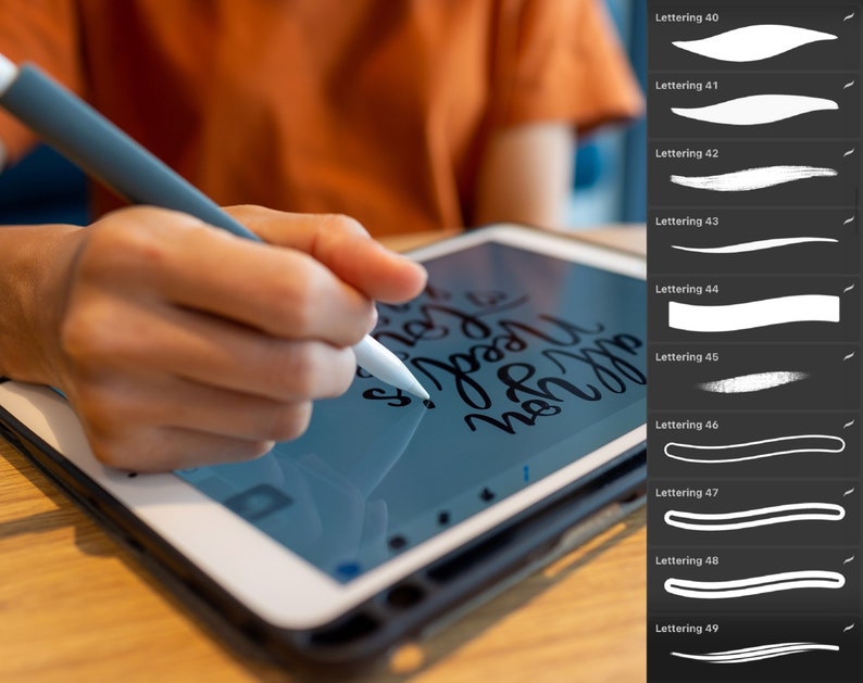 May include: A person uses a stylus to draw on a digital tablet. The tablet screen shows a handwritten message. A panel on the right side of the image shows a series of brush strokes labeled "Lettering 40" through "Lettering 49".