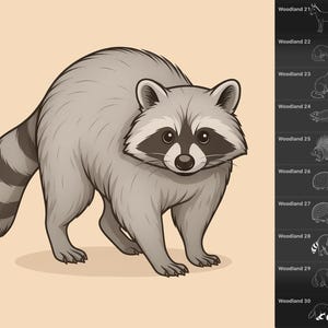 110 Forest animals stamps for Procreate, including an raccoon, beaver, and lynx.