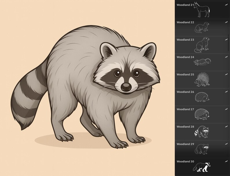 110 Forest animals stamps for Procreate, including an raccoon, beaver, and lynx.