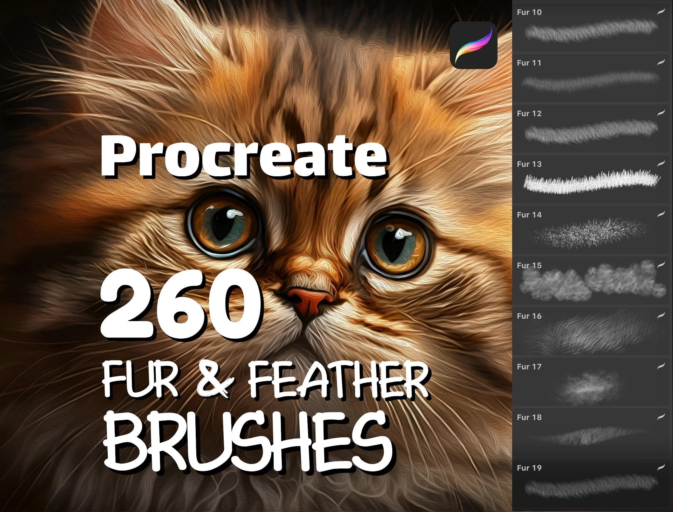 Pacote com 260 pincéis Procreate de pelos e penas – Pincéis de pelagem, carimbos de penas, estampas animais + amostras de cor para iPad