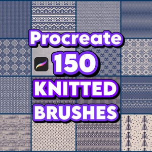 Pode incluir: Gráfico de arte digital com uma grade de padrões de malha em tons de azul e bege. O texto "Procreate 150 KNITTED BRUSHES" é exibido em uma bolha roxa, com o logotipo do aplicativo Procreate.