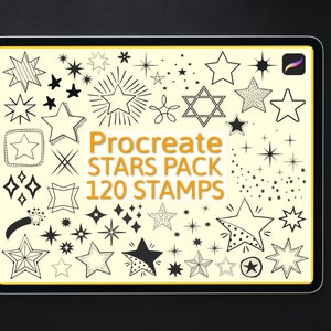 May include: A digital tablet displays a collection of star-shaped stamps. The text "Procreate STARS PACK 120 STAMPS" is in the center. A stylus is placed on the right side of the tablet. The stars are in various styles and sizes.