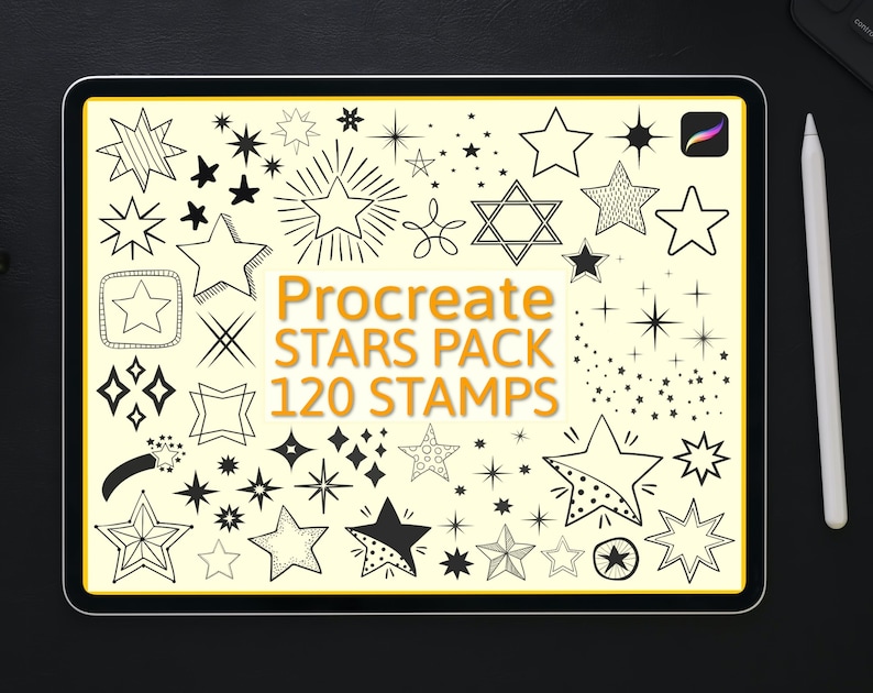 May include: A digital tablet displays a collection of star-shaped stamps. The text "Procreate STARS PACK 120 STAMPS" is in the center. A stylus is placed on the right side of the tablet. The stars are in various styles and sizes.