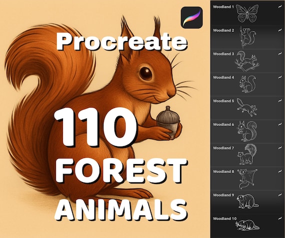 110 Woodland animal stamps for Procreate, Forest wildlife Procreate brushes, Nature Illustration kit