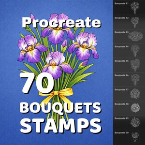 May include: Digital art asset for Procreate featuring 70 bouquet stamps. The image showcases a vibrant bouquet of purple and yellow irises tied with a yellow ribbon. Text includes "Procreate," "70," "Bouquets," and "Stamps."