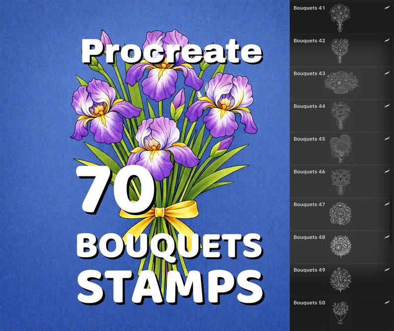 May include: Digital art asset for Procreate featuring 70 bouquet stamps. The image showcases a vibrant bouquet of purple and yellow irises tied with a yellow ribbon. Text includes "Procreate," "70," "Bouquets," and "Stamps."