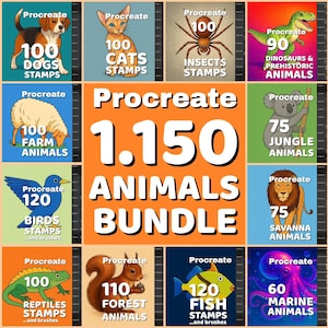 May include: A digital art bundle for Procreate featuring 1,150 animal stamps. Includes various animal categories such as dogs, cats, insects, dinosaurs, farm animals, jungle animals, birds, savanna animals, reptiles, forest animals, fish, and marine animals.