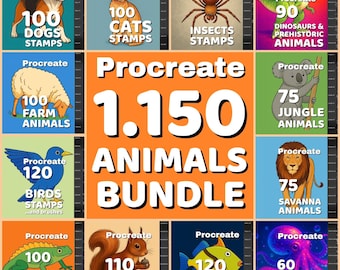 1150 Animals stamps, Procreate brushes for Realistic pets portrait, Forest birds, Dogs & cats stamps