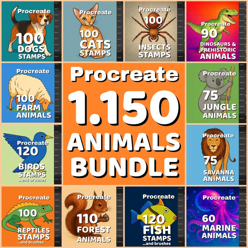 Procreate 1,150 animal stamps bundle. Includes various animal categories such as dogs, cats, insects, dinosaurs, farm animals, jungle animals, birds, savanna animals, reptiles, forest animals, fish, and marine animals.