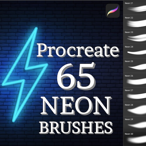 65 Neon brushes, Procreate brushes, Lightining brushes, Glow brushes pack, iPad brushes, Neon lettering, Brush for Procreate, Shimmer effect