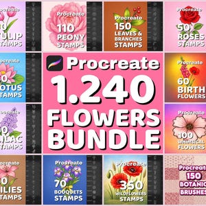 1240 Flowers stamps, Floral Procreate brushes bundle, Wildflowers stamps for Botanical illustration & Wedding branding