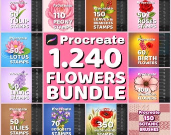 1240 timbri di fiori, pacchetto di pennelli Floral Procreate, timbri di fiori selvatici per illustrazioni botaniche e branding per matrimoni