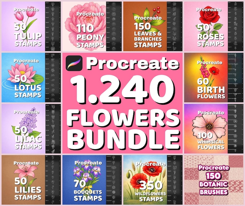 May include: A digital art bundle for Procreate featuring 1,240 flower stamps and 150 botanic brushes. The bundle includes stamps of tulips, peonies, roses, lotuses, lilacs, lilies, bouquets, and wildflowers. The image has a pink and white color scheme.
