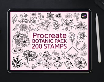 May include: A digital illustration of 200 black and white botanical stamps for Procreate. The image shows a variety of flowers, leaves, and other floral elements.