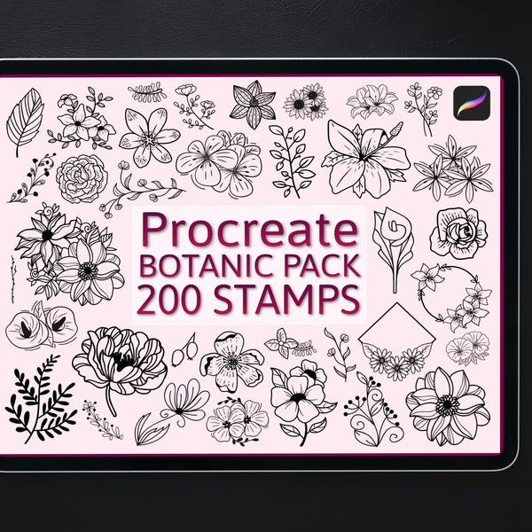 200 Botanic stamp bundle, Procreate stamps, Flower stamps, Procreate brushes, Leaves stamps, iPad brushes, Peony stamps set, Rose bud stamps