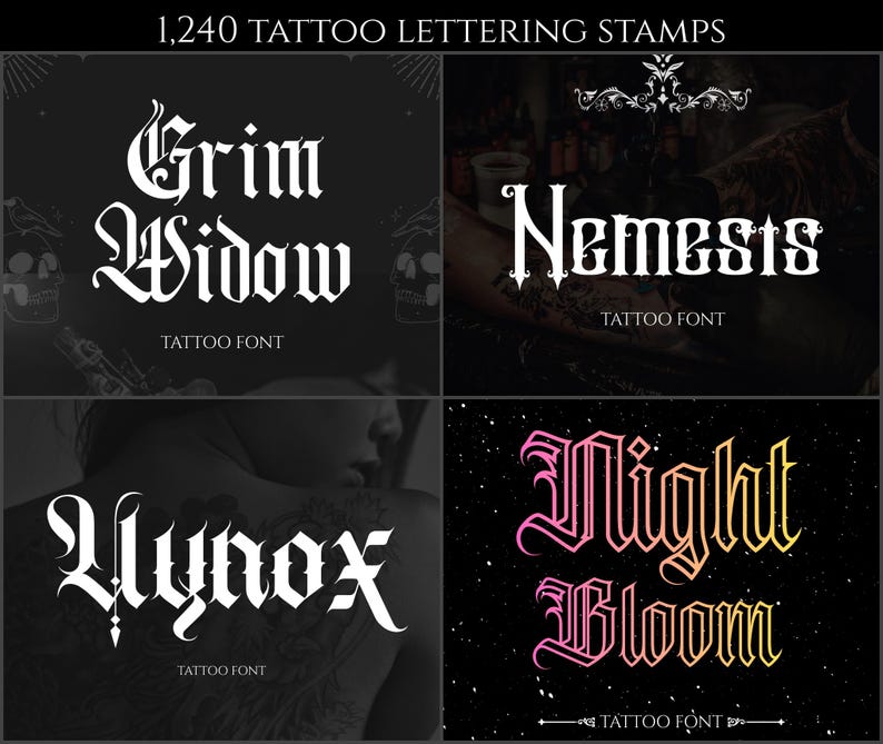 1290 Gothic lettering stamps, Procreate fonts for Tattoo & Streetwear design, Procreate calligraphy kit