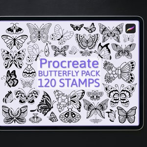 May include: A digital illustration on a tablet featuring a collection of 120 butterfly stamps for Procreate. The butterflies are in various designs and sizes, all in black and white. A stylus is placed on the right side of the tablet.