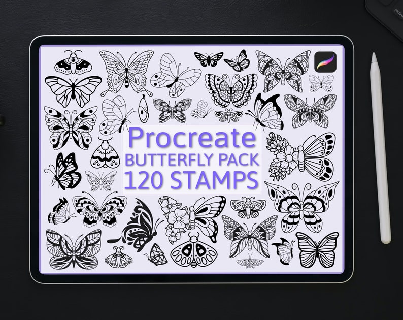 May include: A digital illustration on a tablet featuring a collection of 120 butterfly stamps for Procreate. The butterflies are in various designs and sizes, all in black and white. A stylus is placed on the right side of the tablet.