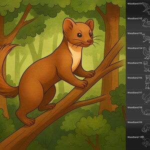 110 Forest animals stamps for Procreate, including an owl, beaver, and lynx.