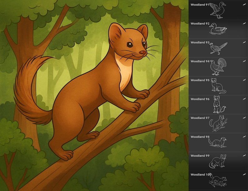 110 Forest animals stamps for Procreate, including an owl, beaver, and lynx.
