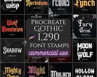 1290 Gothic lettering stamps, Procreate fonts for Tattoo & Streetwear design, Procreate calligraphy kit