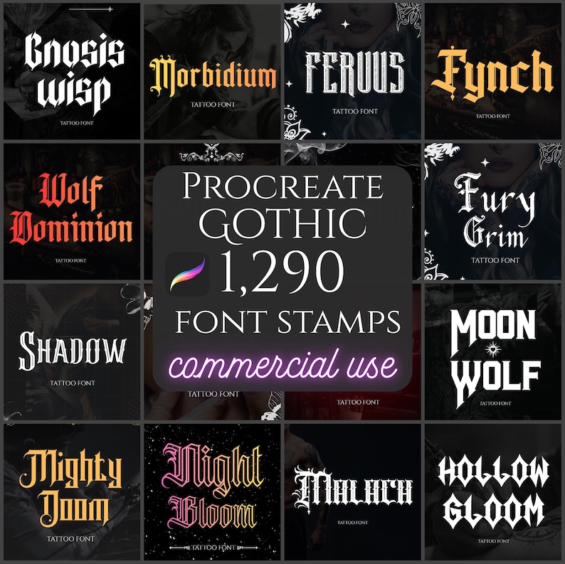 1290 Gothic lettering stamps, Procreate fonts for Tattoo & Streetwear design, Procreate calligraphy kit