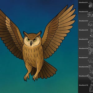 110 Forest animals stamps for Procreate, including an owl, beaver, and lynx.