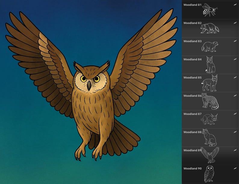 110 Forest animals stamps for Procreate, including an owl, beaver, and lynx.