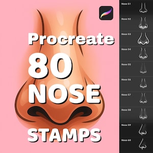 May include: Digital art stamps for Procreate featuring 80 nose designs. The image shows a stylized illustration of a nose with the text "Procreate 80 NOSE STAMPS". A side panel displays various nose stamp options.