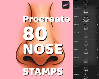 80 Nose stamps, Procreate brushes for digital portrait, Front & profile view, Realistic nose anatomy