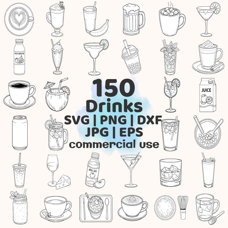 Może przedstawiać: Czarno-biała ilustracja 30 r&oacute;żnych napoj&oacute;w, w tym kawy, koktajli, koktajli i sok&oacute;w. Obraz zawiera tekst "150 Drinks" oraz opcje typ&oacute;w plik&oacute;w: SVG, PNG, DXF, JPG, EPS i "commercial use."