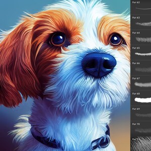 May include: A close-up portrait of a white and brown dog with a blue nose. The dog has a black collar and is looking up with its mouth closed. The image is painted in a digital style with brushstrokes.