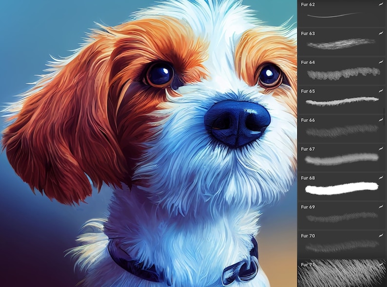 May include: A close-up portrait of a white and brown dog with a blue nose. The dog has a black collar and is looking up with its mouth closed. The image is painted in a digital style with brushstrokes.