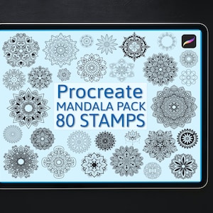 May include: A digital art pack displayed on a tablet, featuring 80 mandala stamps for the Procreate app. The stamps are black and white, with intricate floral and geometric designs. A white stylus rests on the right side of the tablet.