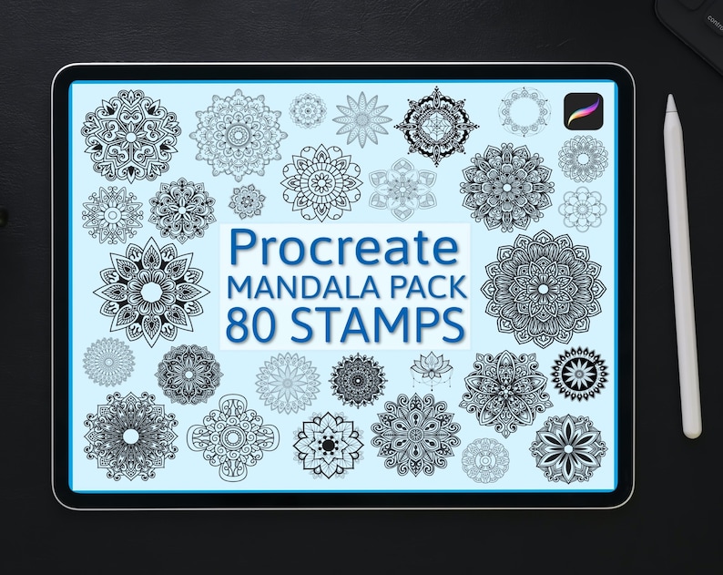 May include: A digital art pack displayed on a tablet, featuring 80 mandala stamps for the Procreate app. The stamps are black and white, with intricate floral and geometric designs. A white stylus rests on the right side of the tablet.